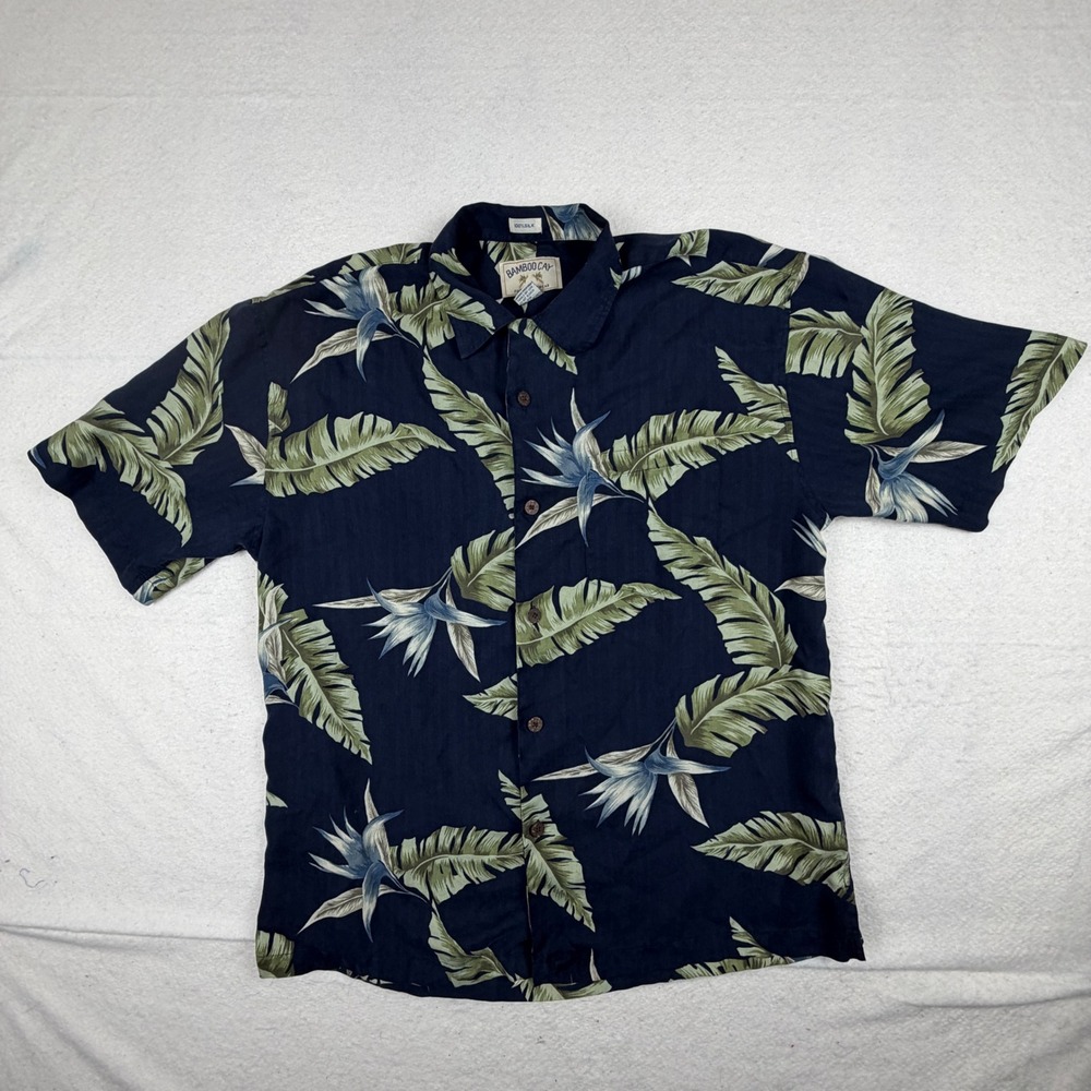 Bamboo Cay Mens 100% Silk Tropical Bird of Paradise Palm Leaf Camp Shirt Navy L